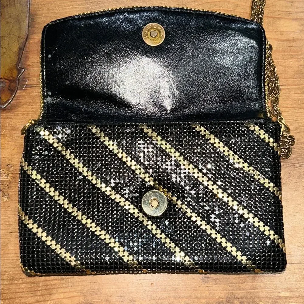 Vintage Black & Gold Glitter Stripe Evening Crossbody – Sparkly Party Purse
